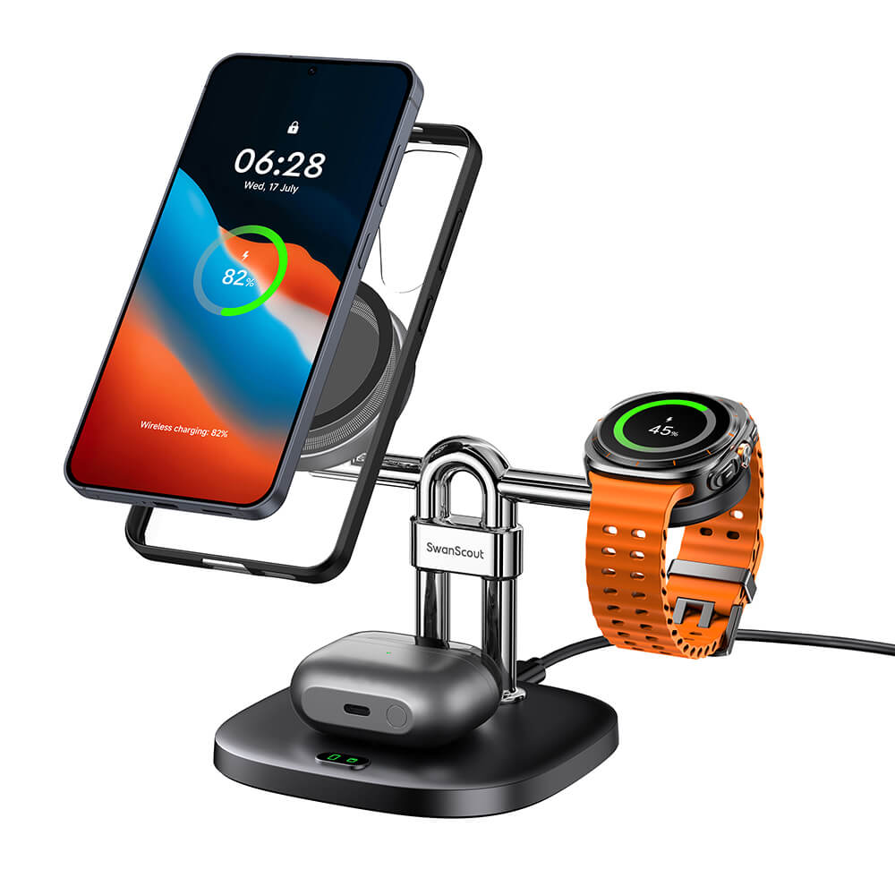 SwanScout 712SM - محطة شحن لاسلكية مغناطيسية 3 في 1 لهواتف Samsung