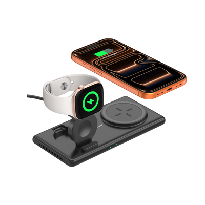 SwanScout 502M 2-in-1 magnetic wireless charger for Apple devices, charging iPhone and Apple Watch simultaneously with foldable stand, portable for travel