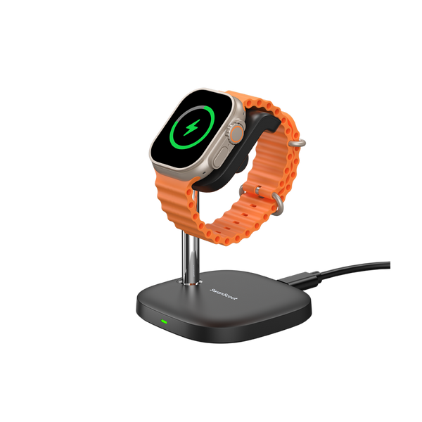 SwanScout 505A charging stand powering an Apple Watch Series 10, delivering 5W fast charging to reach 80% in 60 minutes