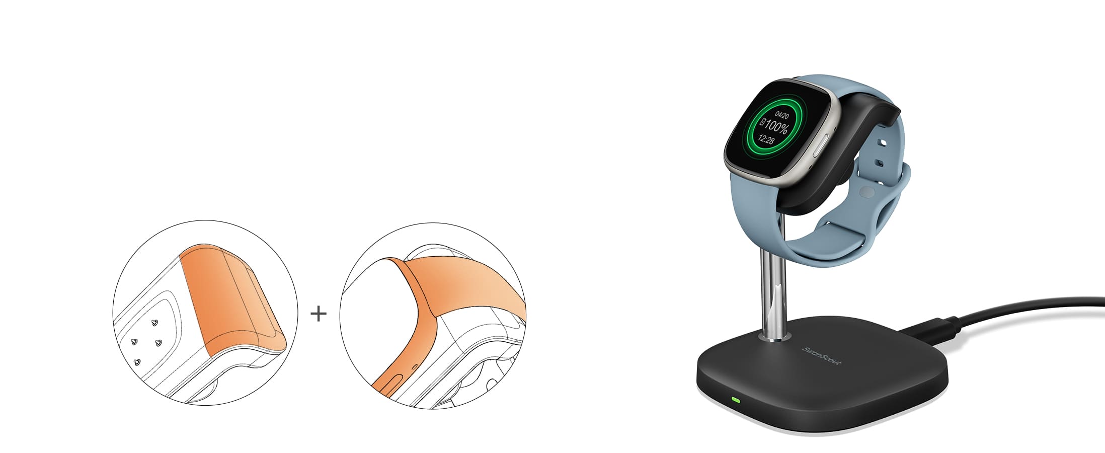 Watch band support design helps protect and stabilize Fitbit smartwatches during charging SwanScout 505FB