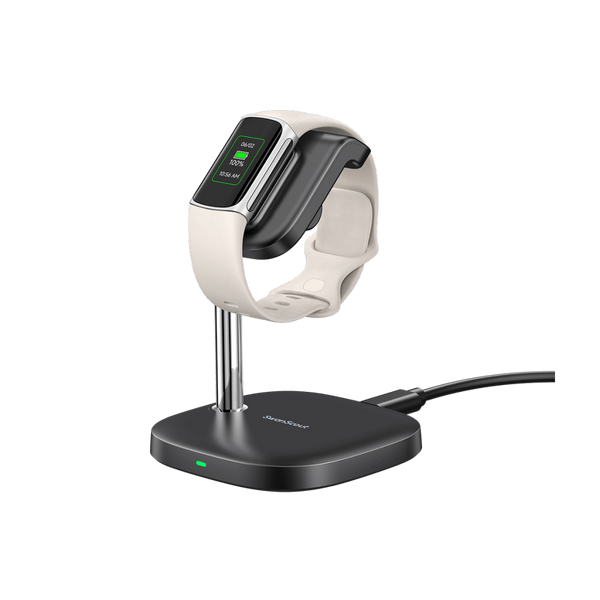 SwanScout 505FC vertical charging stand for Fitbit Charge 6 and Charge 5, providing a stable and organized dock for daily use
