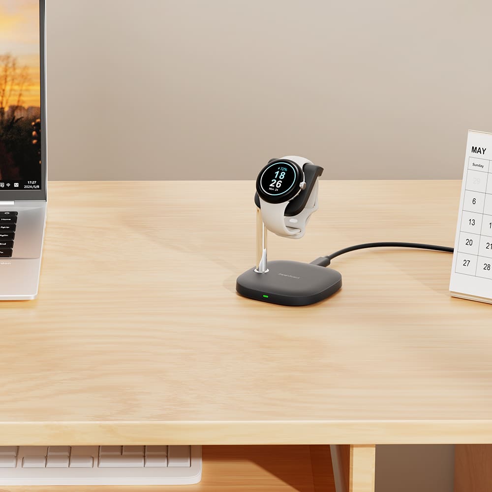 Pixel Watch 2 and 3 charging stand beside a computer for convenient desk charging SwanScout 505G2