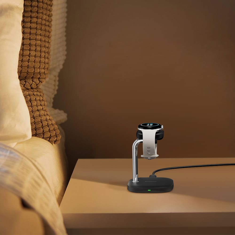 Pixel Watch 2 and 3 charging stand on a bedside nightstand SwanScout 505G2