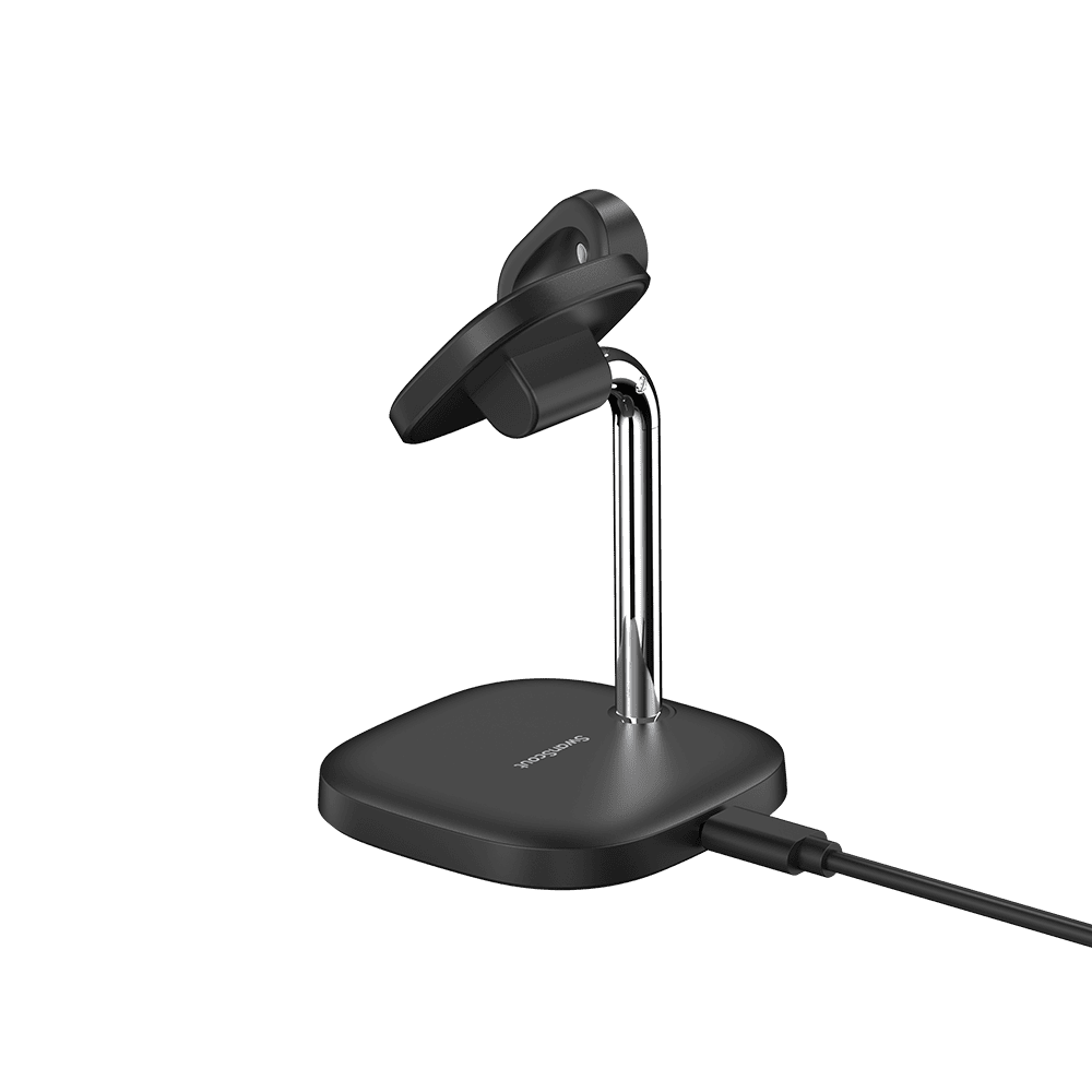 SwanScout 505G4 Pixel Watch 4 wireless charging stand viewed from rear angle, showcasing sleek design and charging port.