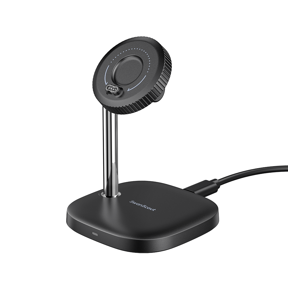 SwanScout 505GM front-right angled view showing the durable palladium pins designed to resist oxidation and rust for long-term Garmin charging reliability