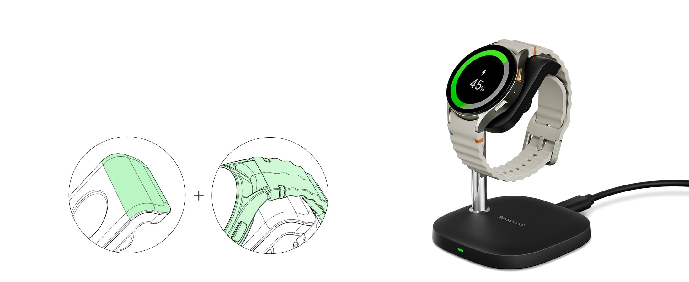 Watch band support keeps Galaxy Watch securely positioned for stable charging on the SwanScout 505S