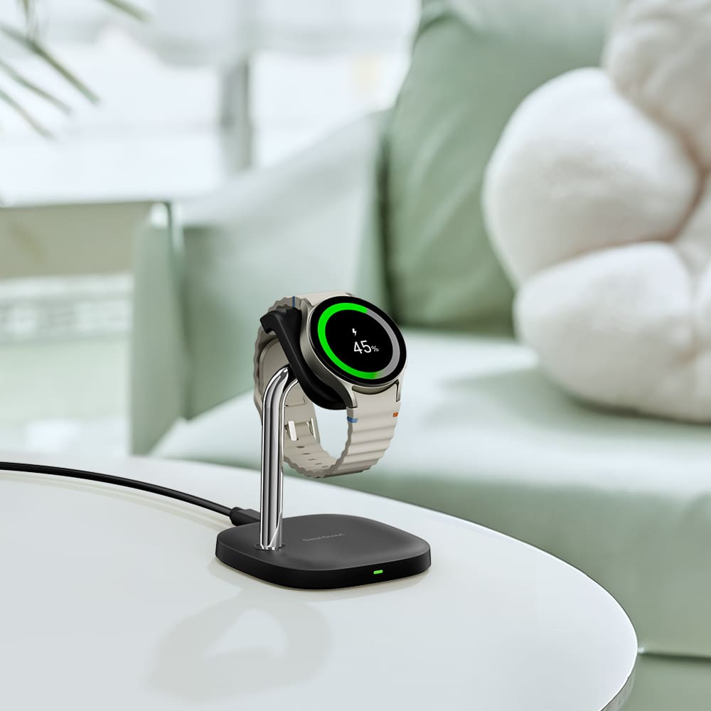 Galaxy Watch charging stand on a coffee table for convenient home charging SwanScout 505S