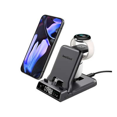 SwanScout 701G2 wired fast charger for Pixel Watch 2 and Pixel Watch 3, 3 in 1 charging station with digital clock for Google Pixel phones and Pixel Buds