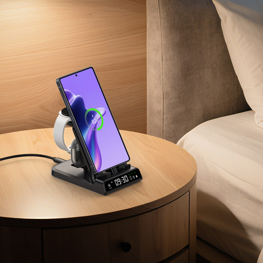 Samsung charging station with digital clock on a bedside table SwanScout 701S