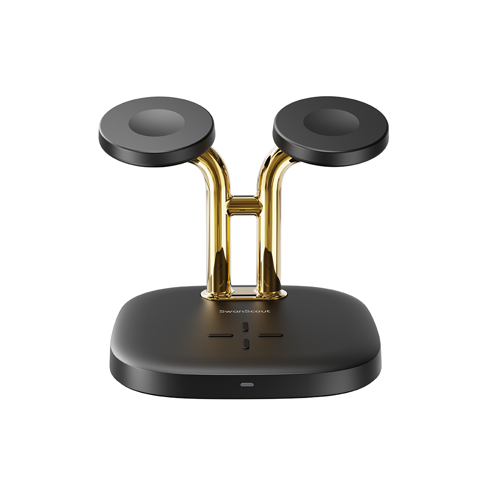 SwanScout 704A dual watch wireless charger for Apple, black and gold, with two charging pads and sleek structure.