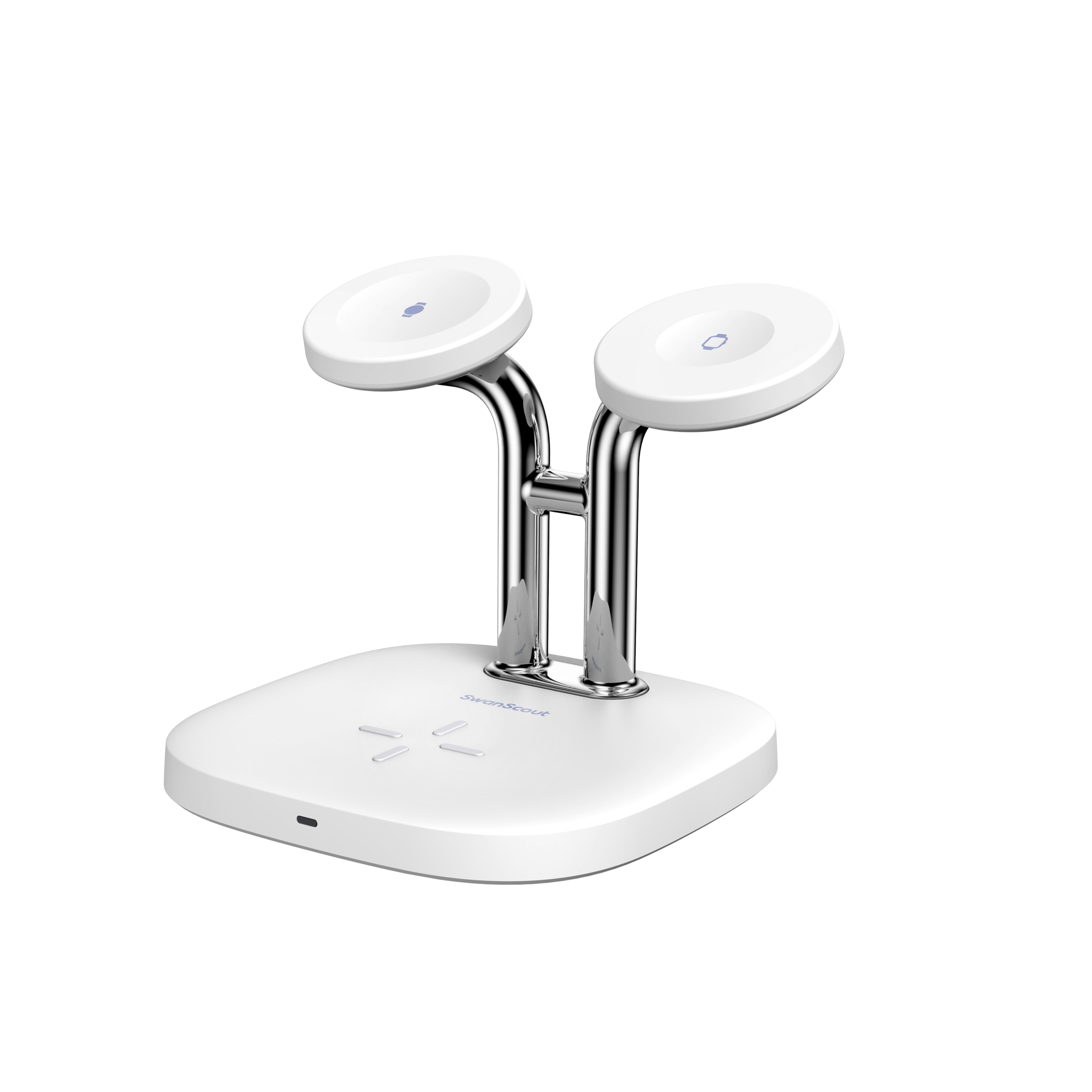 SwanScout 704D  left-side view focusing on the 2.5W wireless charging spot specifically engineered for Samsung Galaxy Watch 8, Ultra, and 7 series