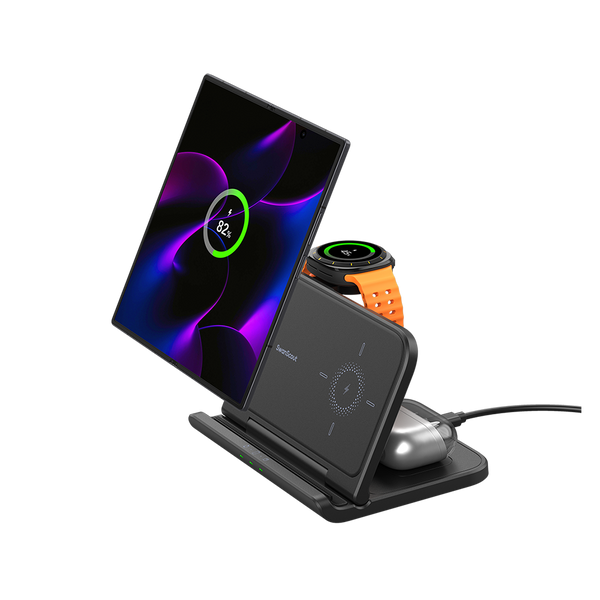 SwanScout 705S 3-in-1 charger with a Galaxy Z Fold 6 unfolded mode, simultaneously charging Galaxy Watch 8 and Buds 3 Pro