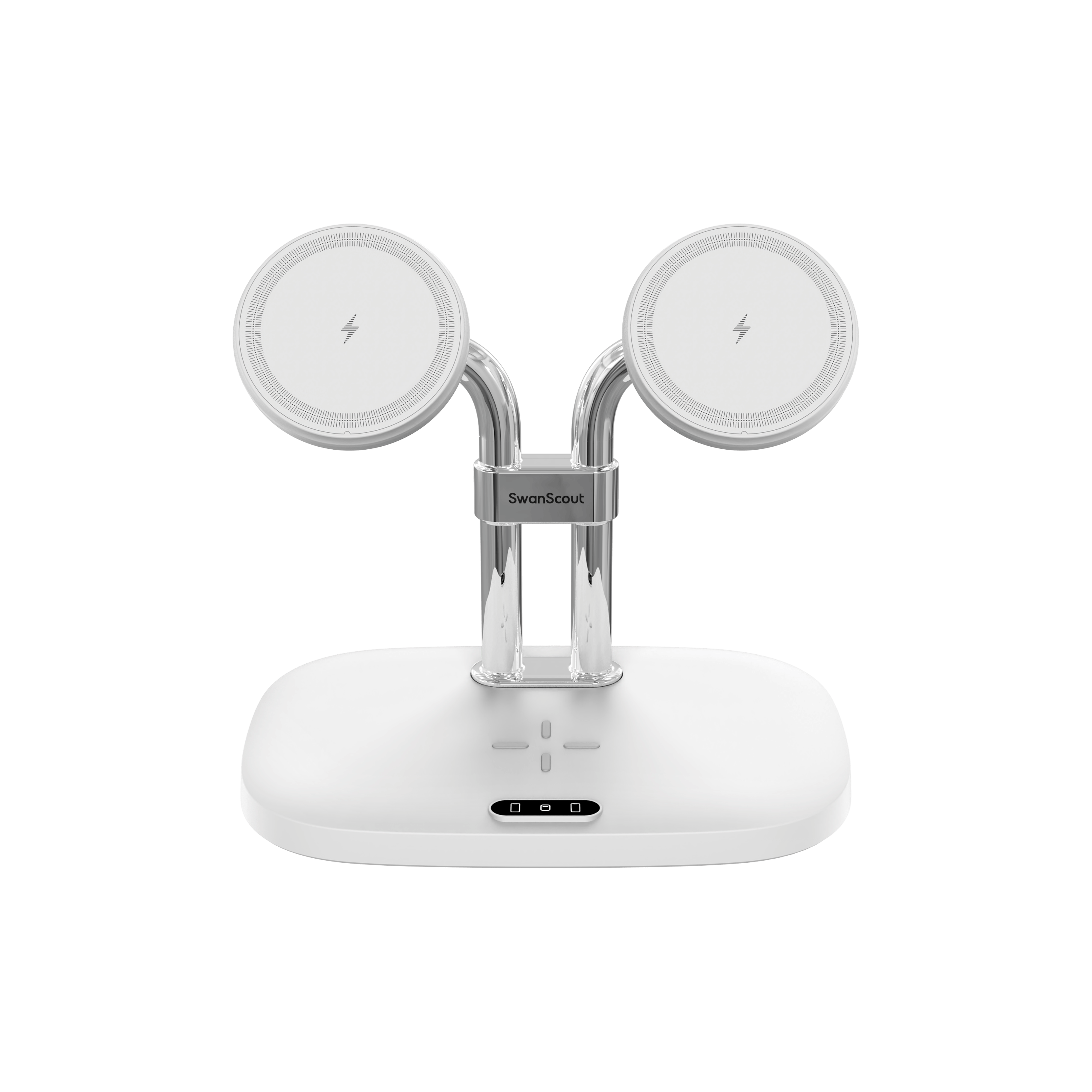 Front view of the white SwanScout 706M showing the dual magnetic mounting points and the dedicated base for AirPods 4 and Pro series