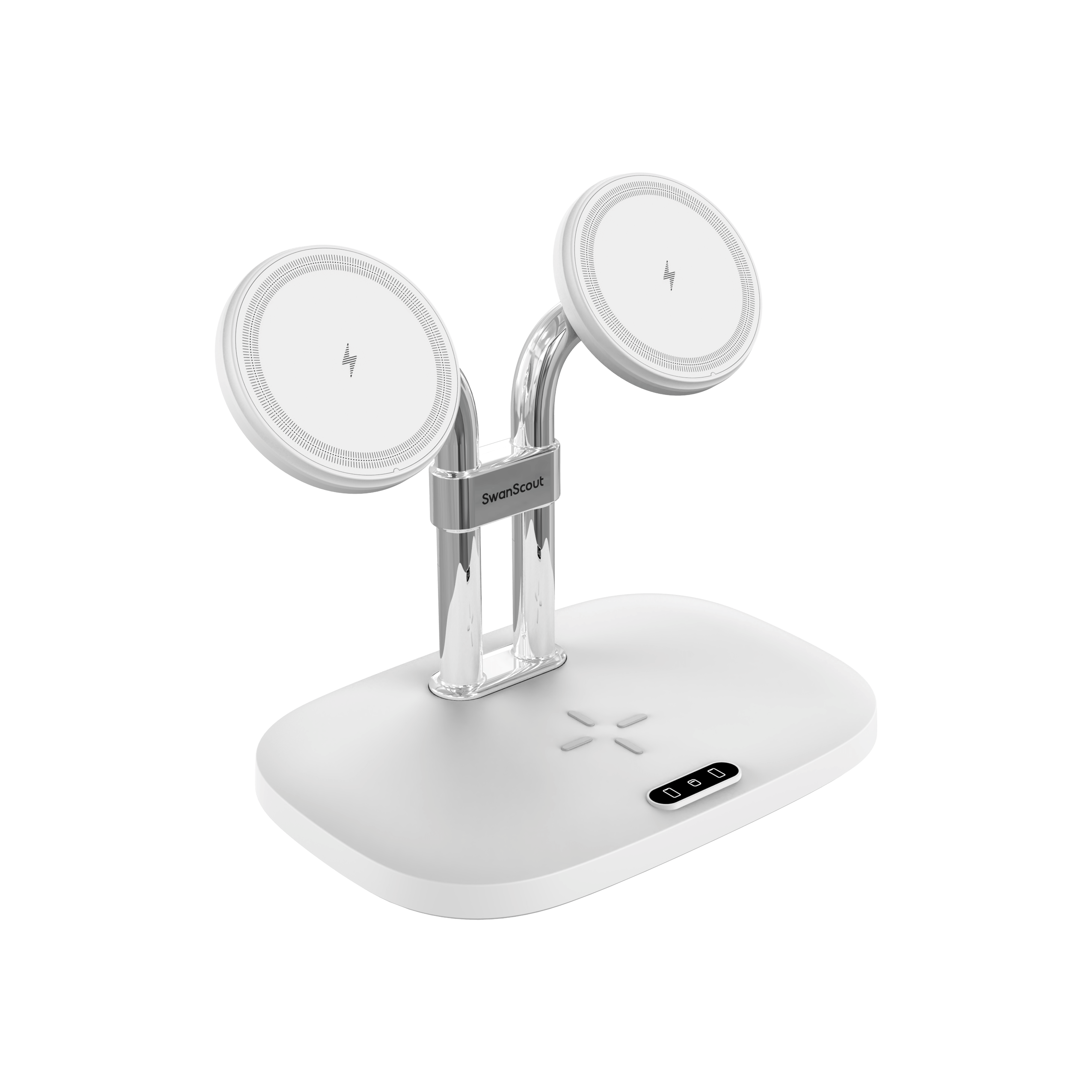 Angled view of the white SwanScout 706M, highlighting its elegant design and space-saving layout for home or office desktop organization