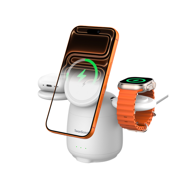 White SwanScout 707M charging station powering an iPhone 17 Pro Max, Apple Watch 10, and AirPods Pro with a sleek glossy finish