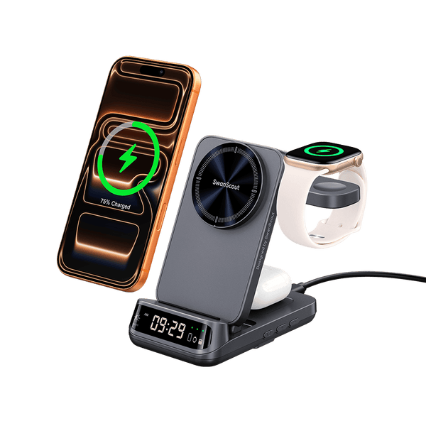 SwanScout 708M 25W magnetic wireless charger for Apple, floating 3-in-1 charging station with rotatable iPhone and watch charging docks