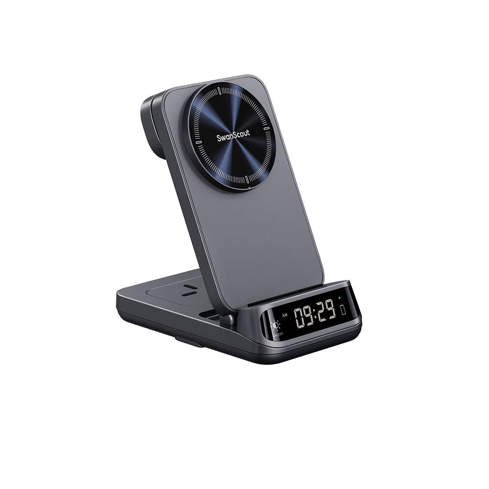 SwanScout 708M 25W magnetic wireless charger for Apple, front view of 3-in-1 charging dock with sleek design