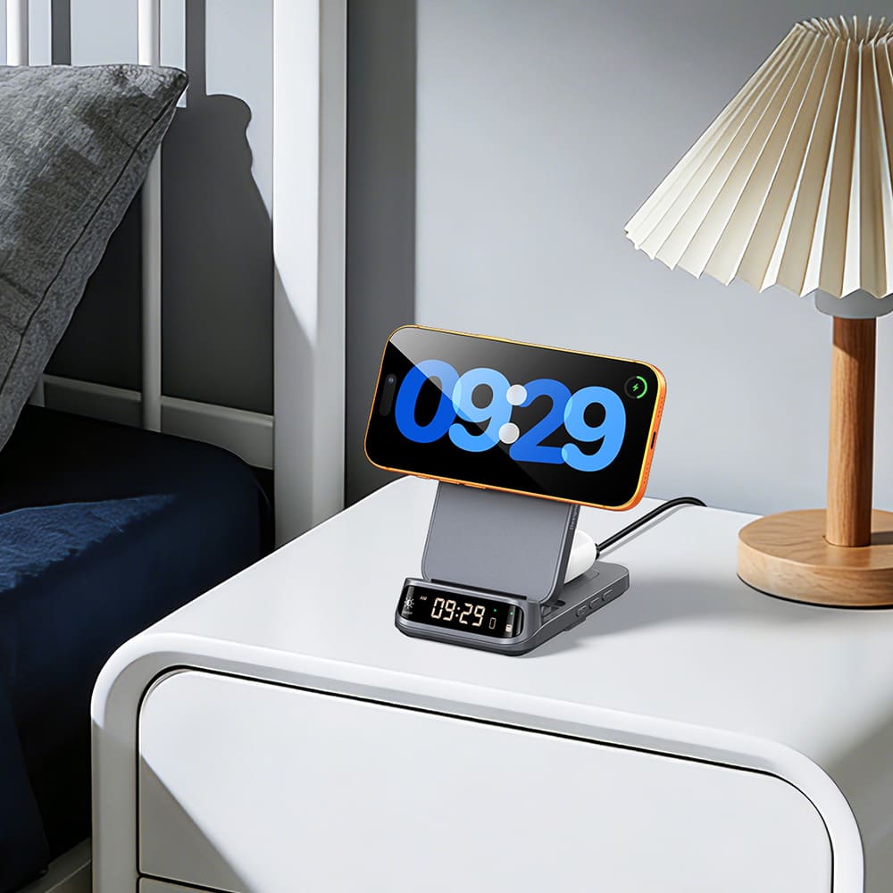 SwanScout 708M 3 in 1 wireless charging station bedside table charging iPhone Apple Watch and AirPods night stand setup
