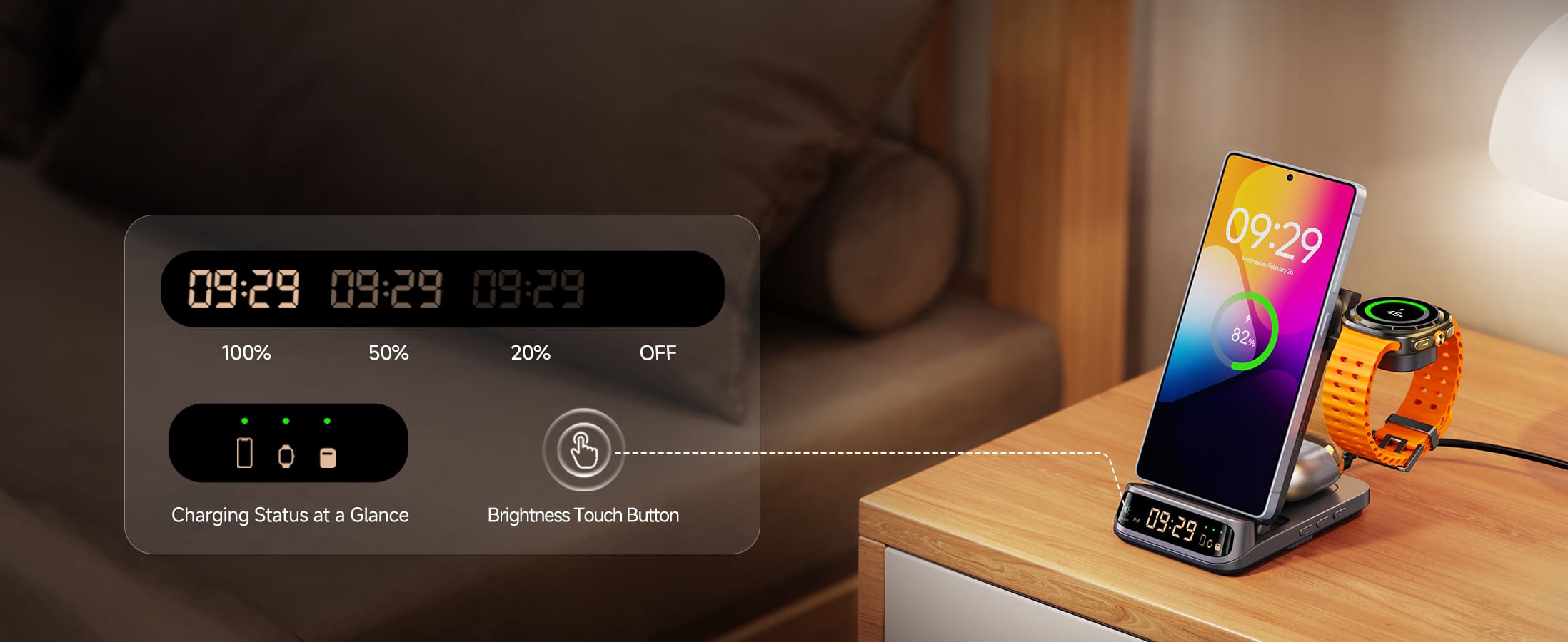 Touch-controlled digital clock with adjustable brightness on the SwanScout 708S wireless charger