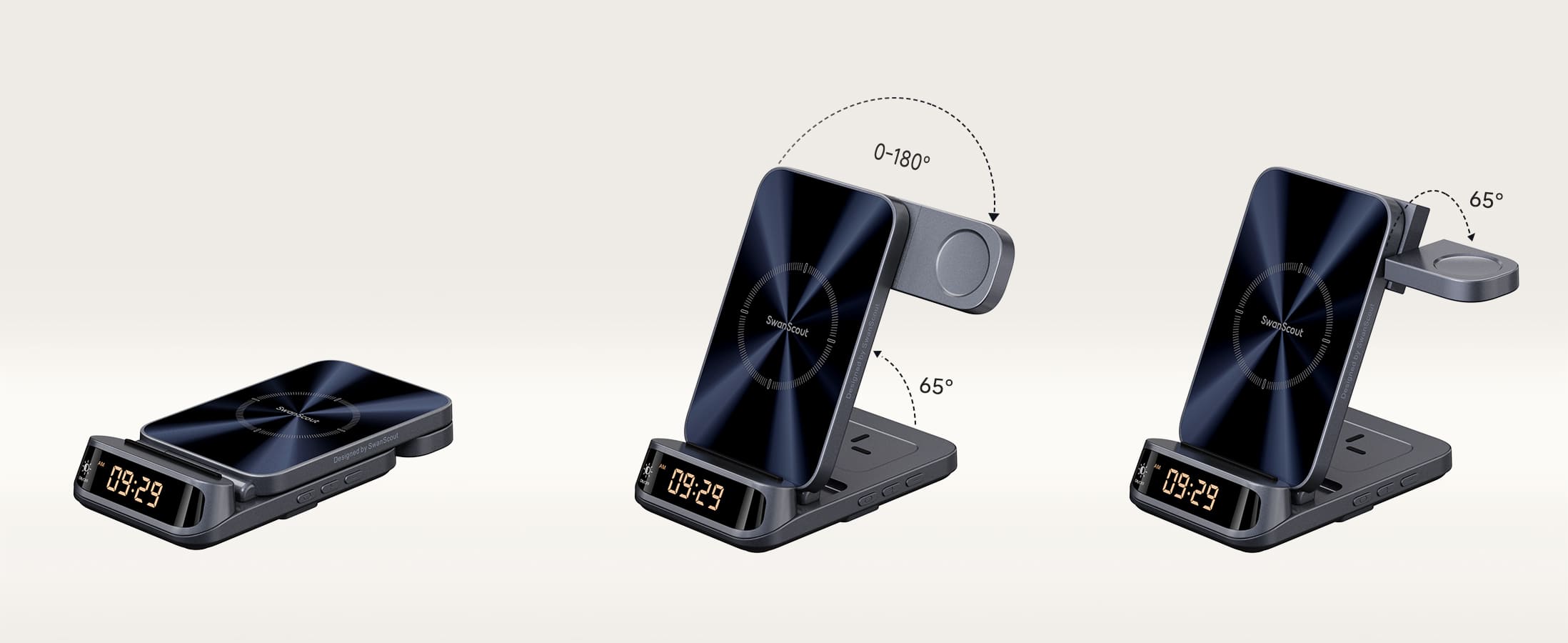 Foldable design and rotatable watch charger on the SwanScout 708S 3-in-1 wireless charger