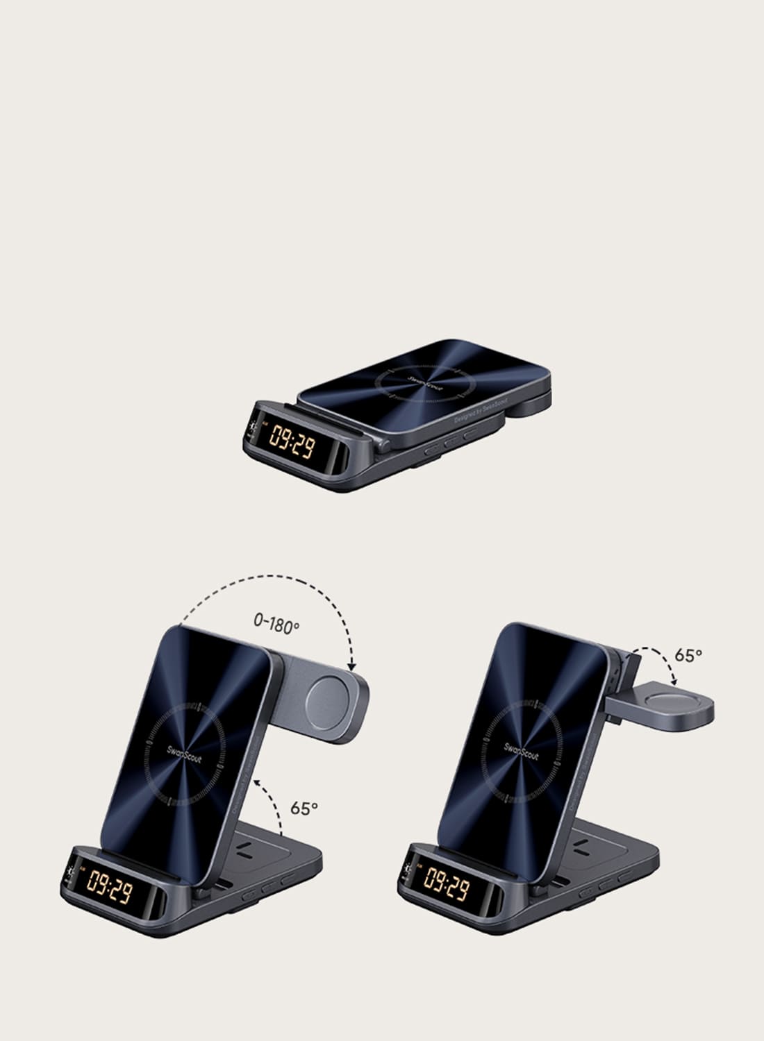Foldable design and rotatable watch charger on the SwanScout 708S 3-in-1 wireless charger