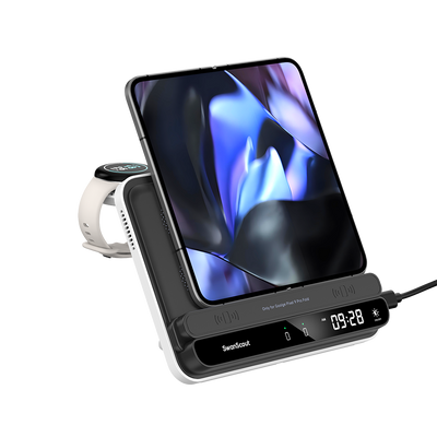 SwanScout 710FG2 wireless charger for Pixel Fold, Pixel 9 Pro Fold, and Pixel Watch 2/3, shown with devices on the charging pad.