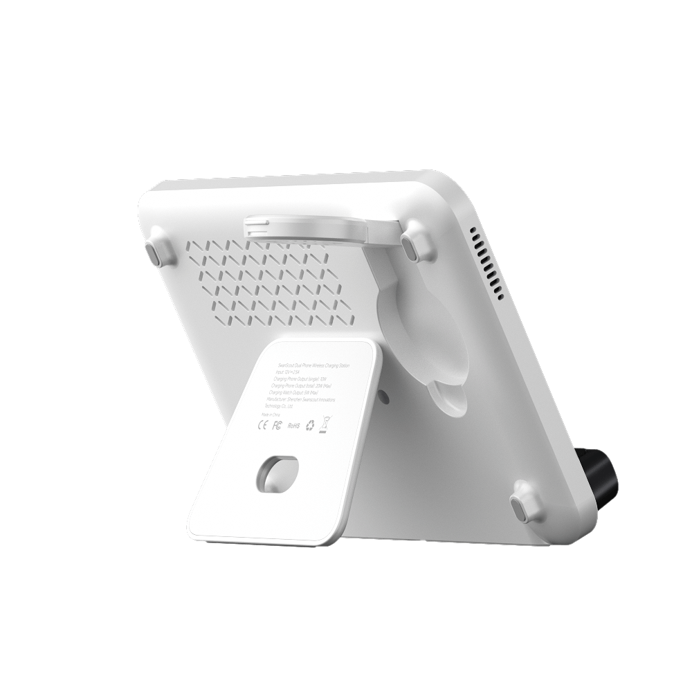 Rear-right view of the foldable SwanScout 710FS, demonstrating its compact design and dedicated 3W charging spot for Galaxy Watch 8