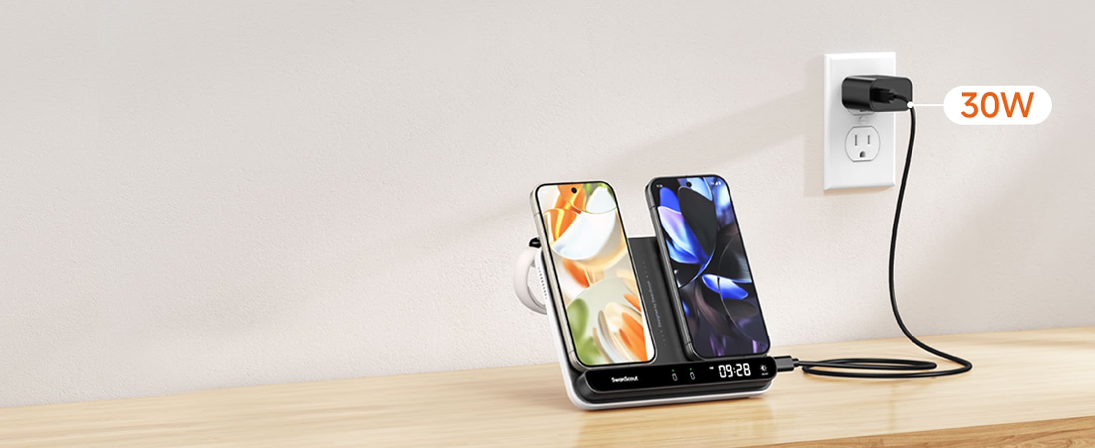 Dual phone charging station with 30W total output and Pixel Watch charging SwanScout 710G2