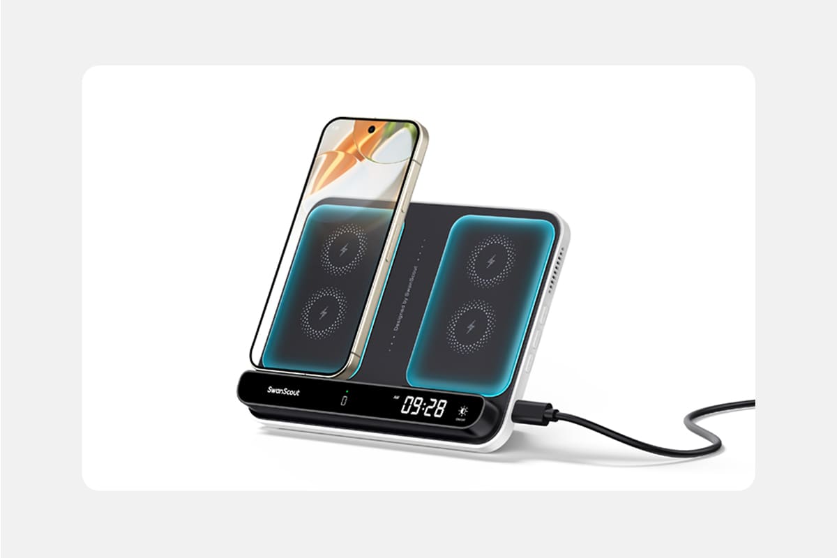 Raised dual phone charging areas for precise phone positioning on the SwanScout 710G2