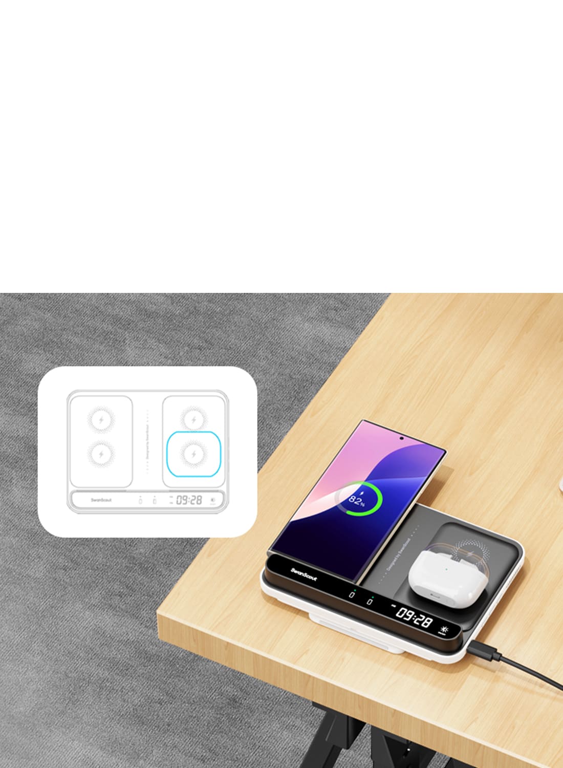 Flat charging design for horizontal phone charging and wireless earbud charging on the SwanScout 710S