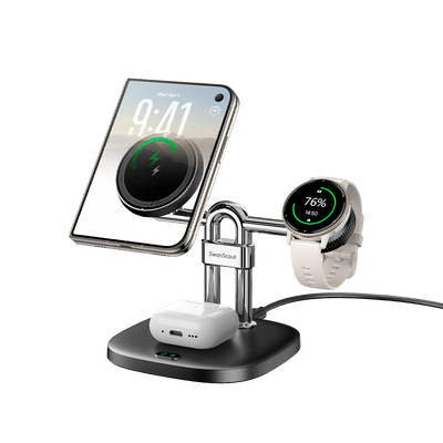 3-in-1 Garmin watch charging station with magnetic phone and earbuds charger SwanScout 712GM