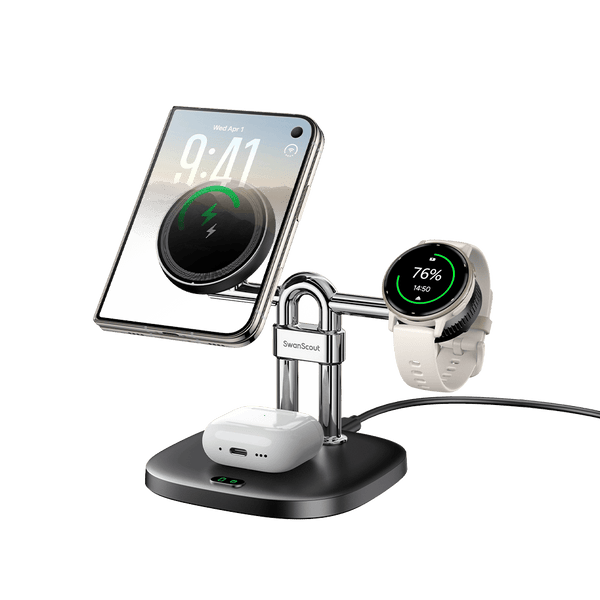3-in-1 Garmin watch charging station with magnetic phone and earbuds charger SwanScout 712GM
