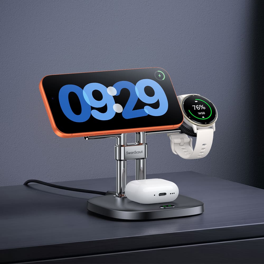 SwanScout 712GM 3-in-1 stand charging iPhone Garmin watch and AirPods on nightstand