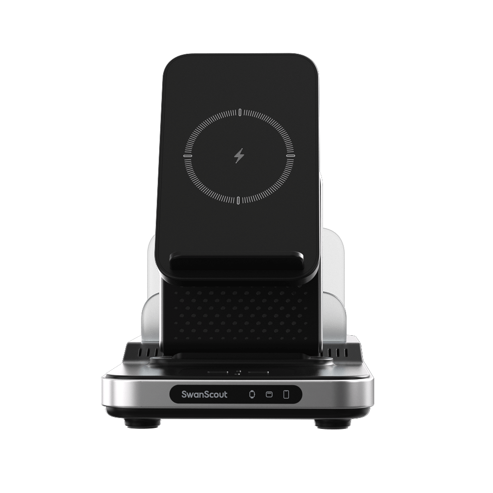 SwanScout 901S 5-in-1 wireless charger for Samsung, tablet, and phone charging stand on a study desk with devices charging.