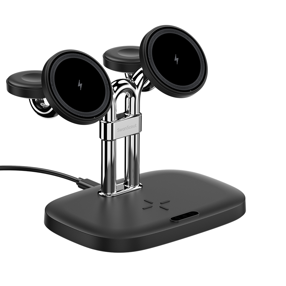 SwanScout 902M 5-in-1 wireless charging station for Apple devices, featuring a minimalist stand with multiple charging pads.