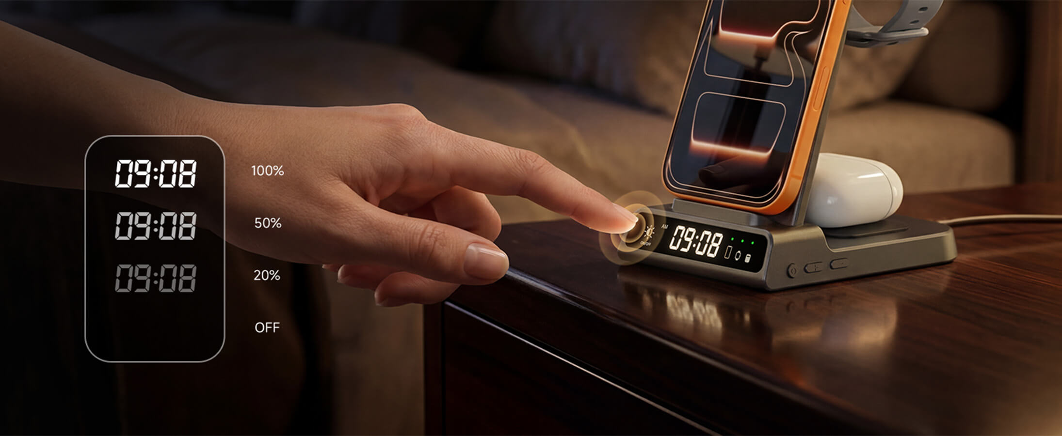 SwanScout C01FB 3-in-1 charger adjustable clock display brightness for sleep friendly bedside use