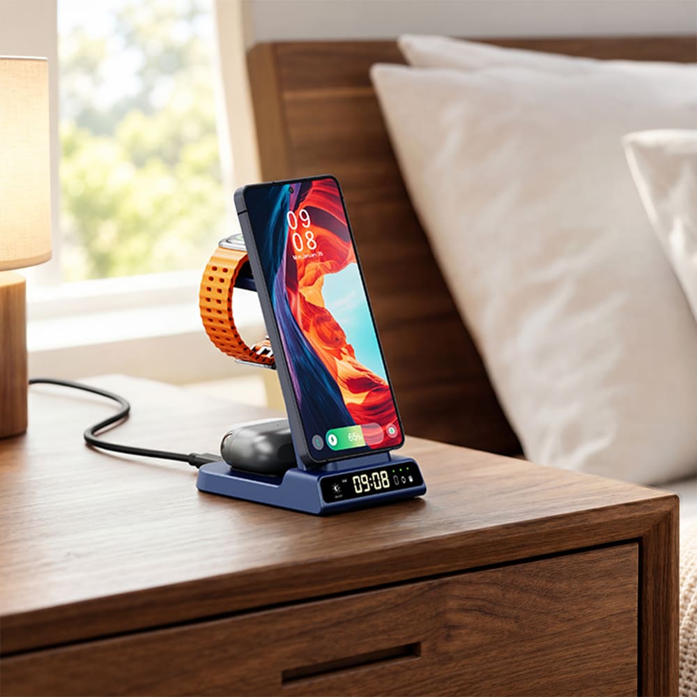 SwanScout C01S wireless charger on nightstand charging phone and watch overnight