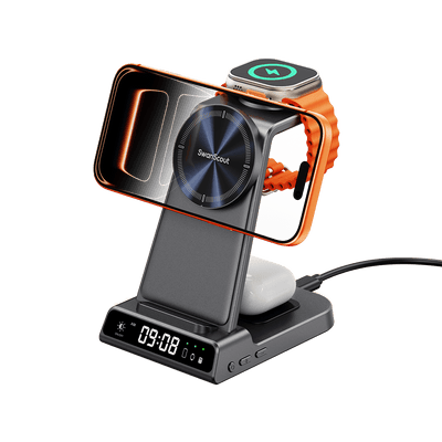 SwanScout C02M 3-in-1 magnetic charging station for Apple, wireless charger for iPhone 15, 14, 13, and MagSafe compatible.