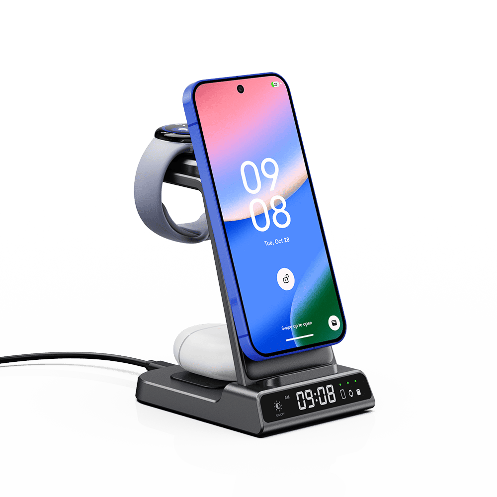 Pixel phone snapped onto the SwanScout C02MG4 magnetic stand with a watch and earbuds charging