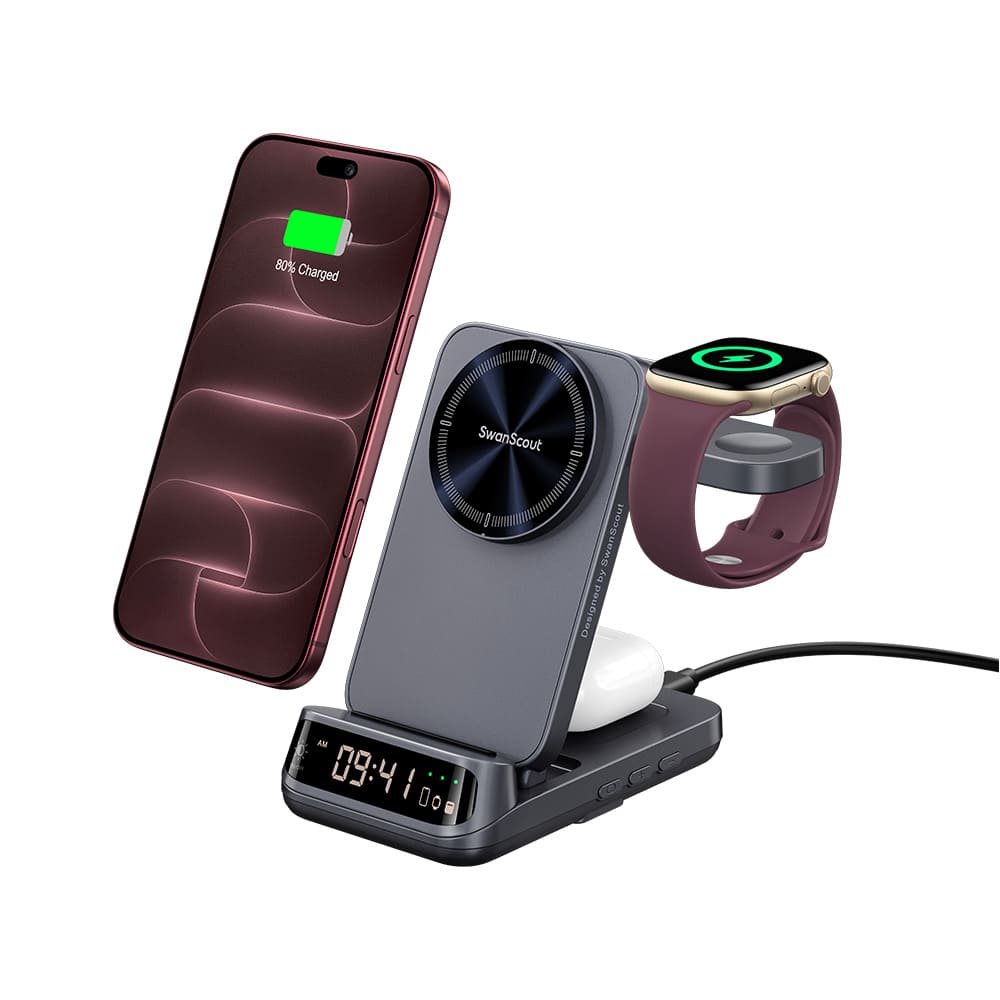 25W wireless charging station powering iPhone 18 Pro earbuds and watch with SwanScout S10025M
