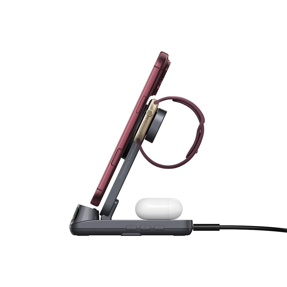 25W Apple 3 in 1 charger powering iPhone 18 Pro earbuds and Apple Watch with SwanScout S10025M