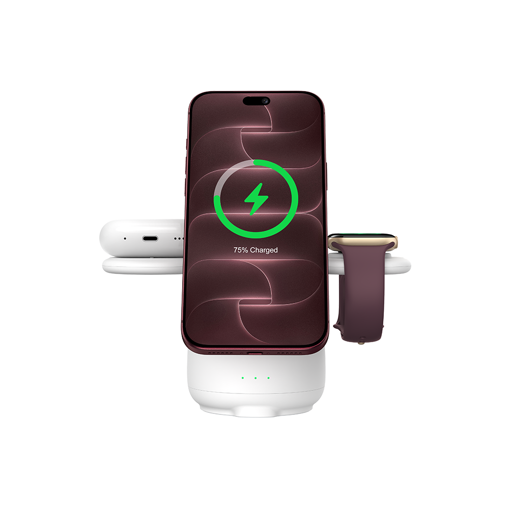 Wireless charger powering iPhone 18 Pro earbuds and watch with SwanScout S10026M