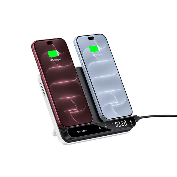Wireless car charger powering two smartphones with SwanScout S10031